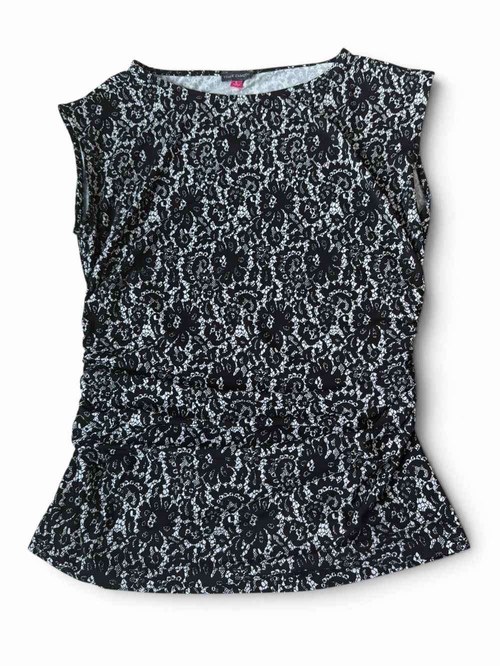 Vince Camuto Black & White Floral Lace-Print Cap Sleeve Top